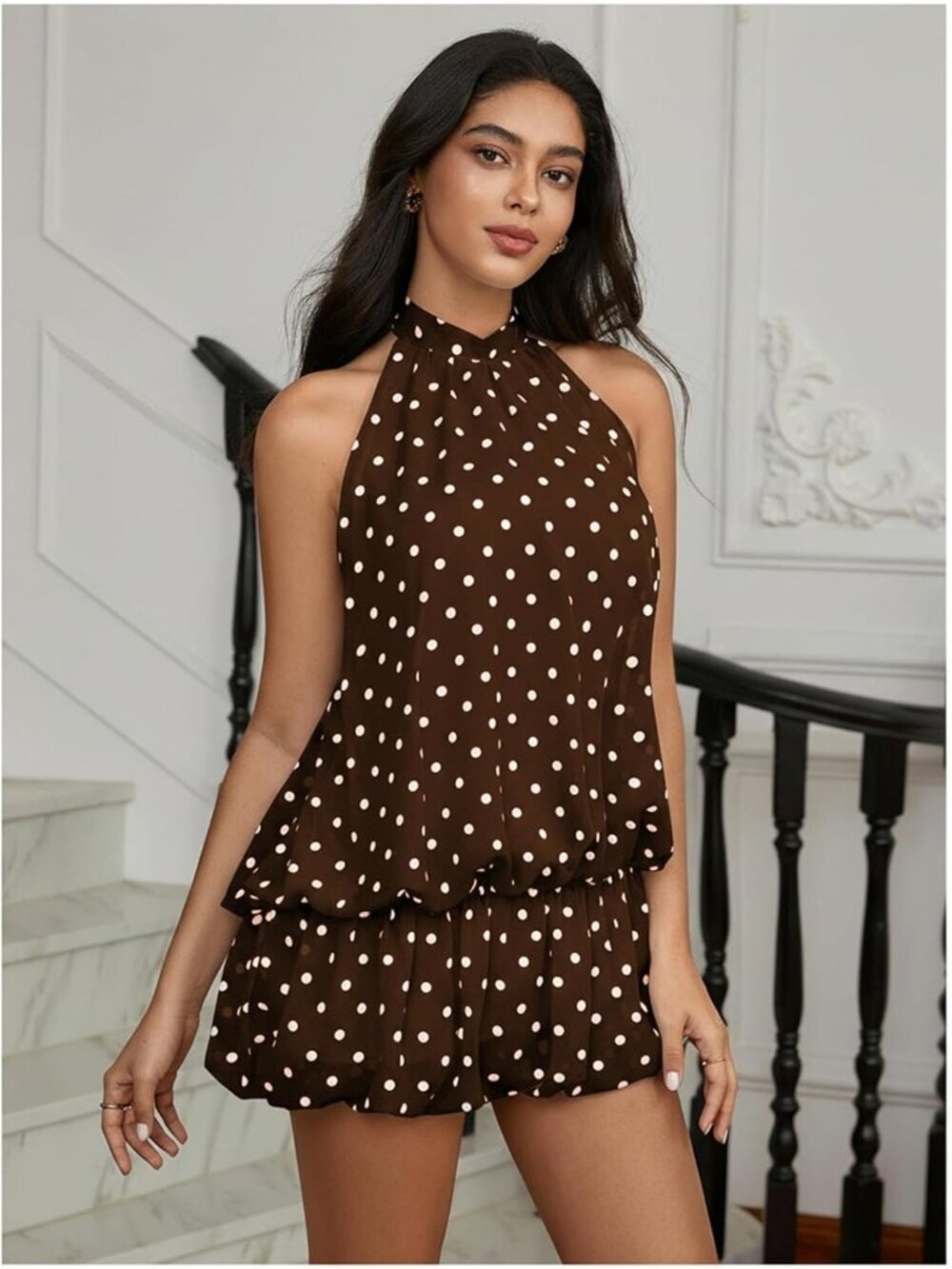〽️Women's Brown Polka Tie Open Back Sleeveless Ruffle Hem Polyester Halter Dress